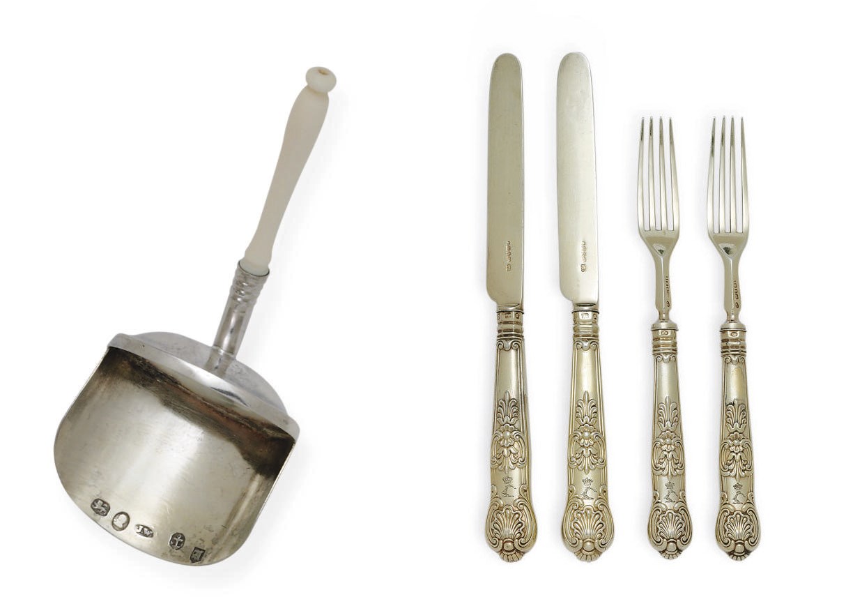 A SET OF TWELVE GEORGE IV SILVER-GILT DESSERT FORKS AND KNIVES, TOGETHER WITH A GEORGE III SILVER CADDY SPOON**