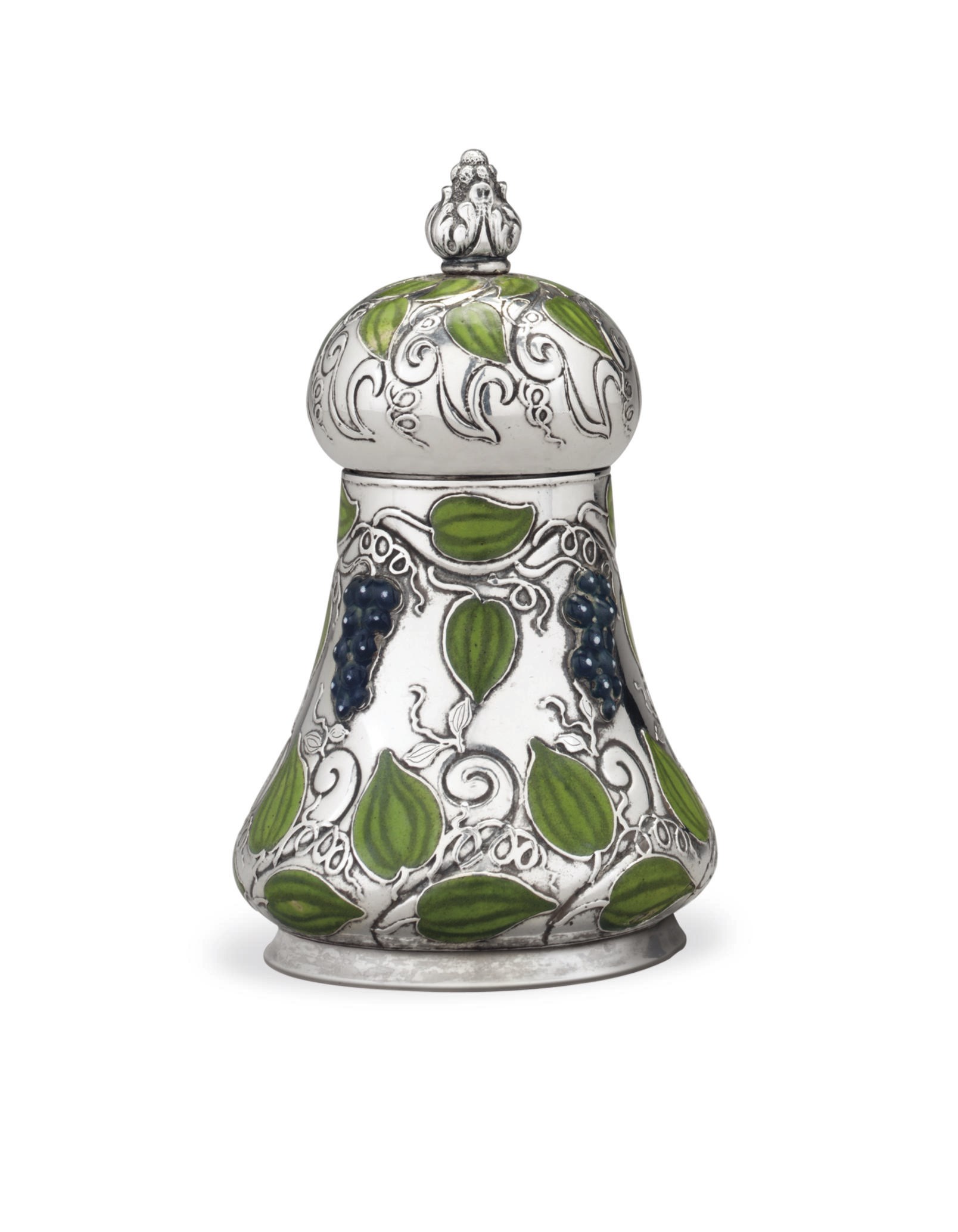 AN AMERICAN SILVER AND ENAMEL PEPPER MILL