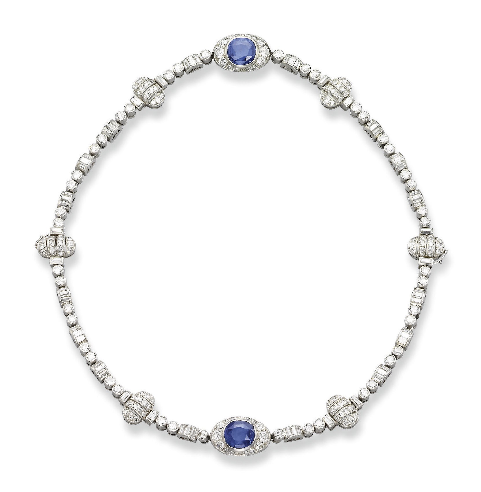 AN ART DECO SAPPHIRE AND DIAMOND NECKLACE  BRACELETS