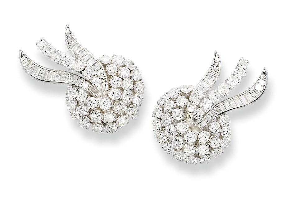 A PAIR OF DIAMOND EAR CLIPS  DOUBLE CLIP BROOCH