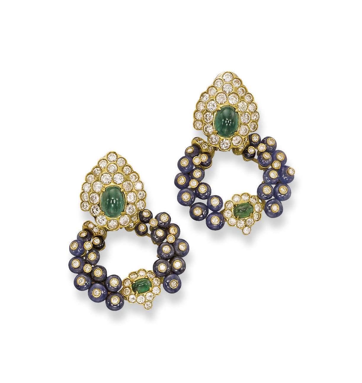 A PAIR OF SAPPHIRE, EMERALD AND DIAMOND EAR PENDANTS/CLIPS, BY GIOVANE