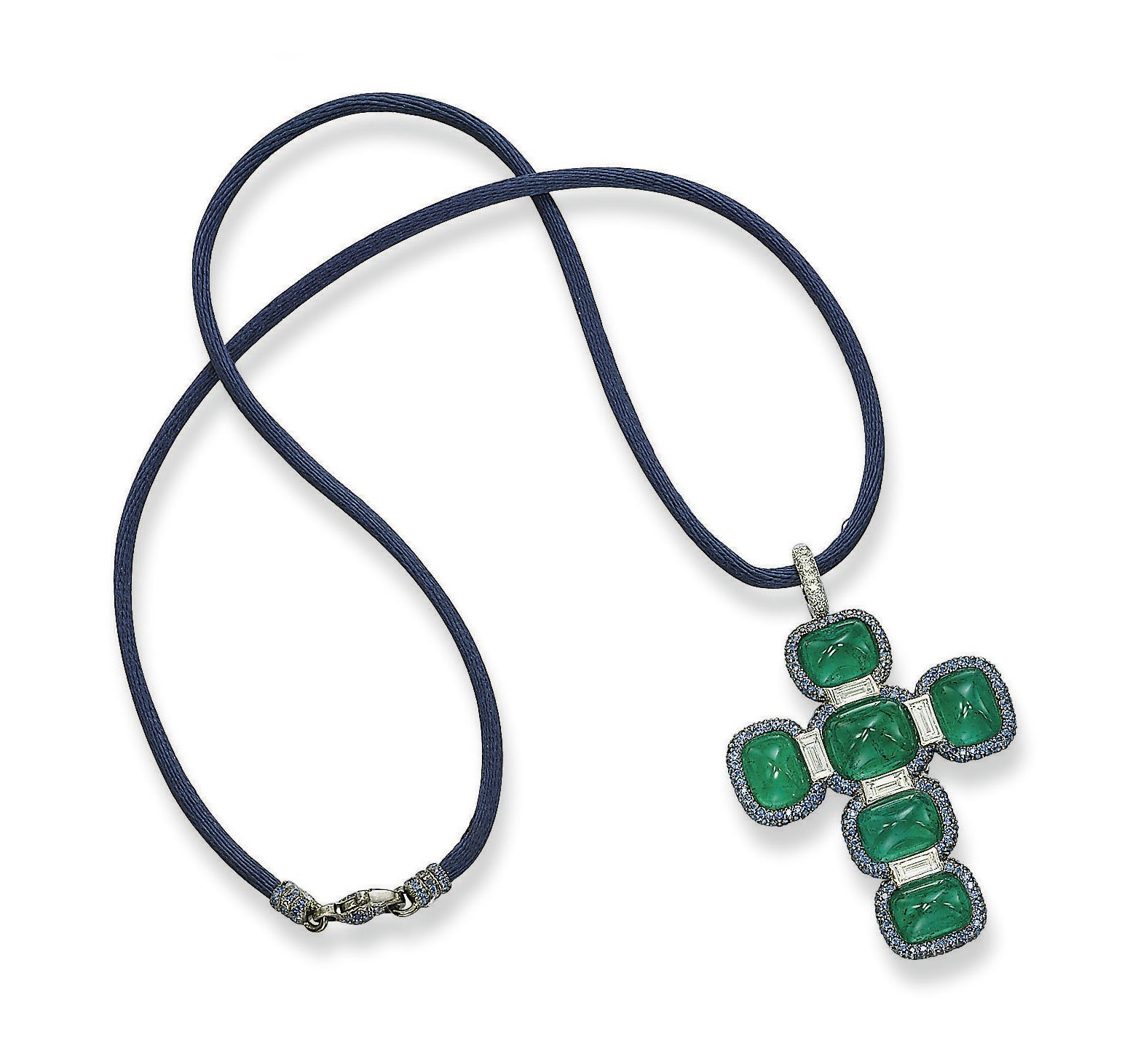 AN EMERALD, SAPPHIRE AND DIAMOND CROSS PENDANT, BY MICHELE DELLA VALLE