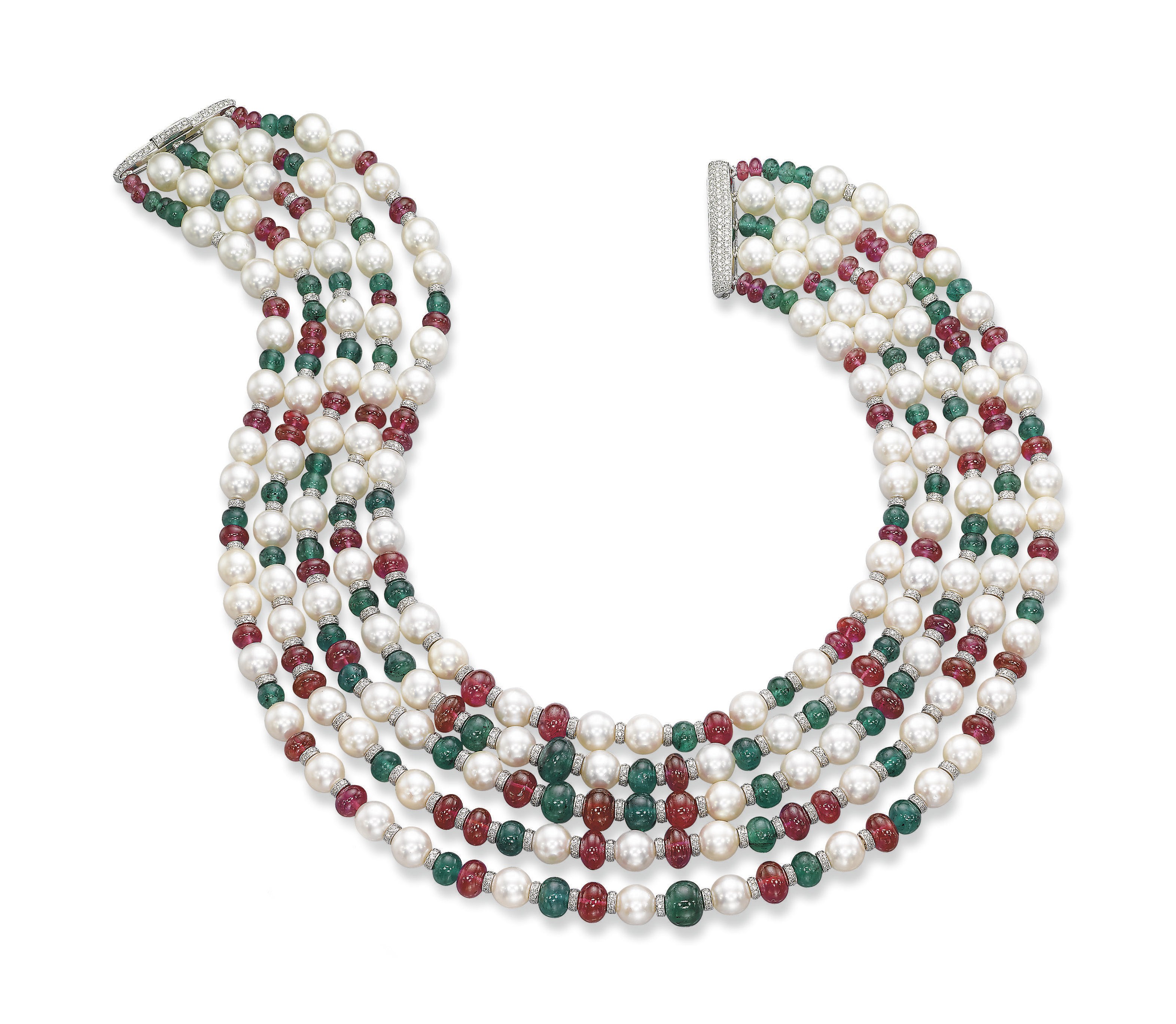 AN EMERALD, RUBY AND CULTURED PEARL NECKLACE, BY MICHELE DELLA VALLE