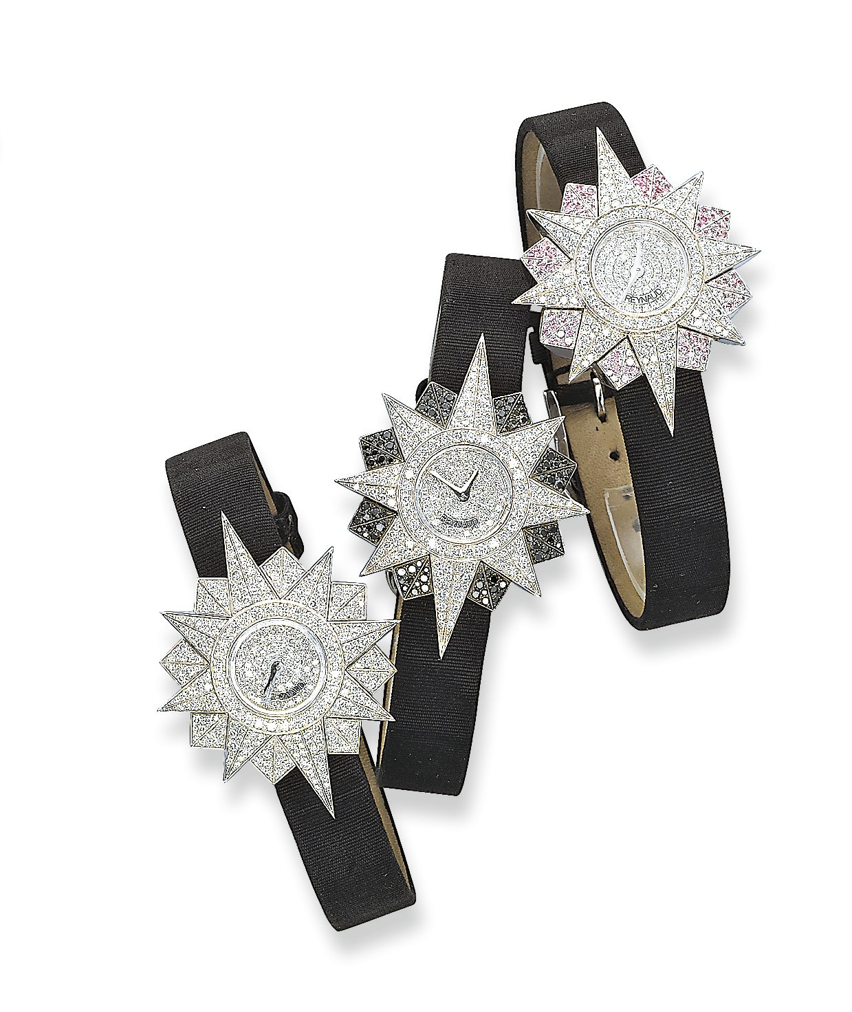 A SET OF THREE LADY'S COLOURED DIAMOND, COLOURED SAPPHIRE AND DIAMOND 'SUNSHINE' WRISTWATCHES, BY REYNAUD