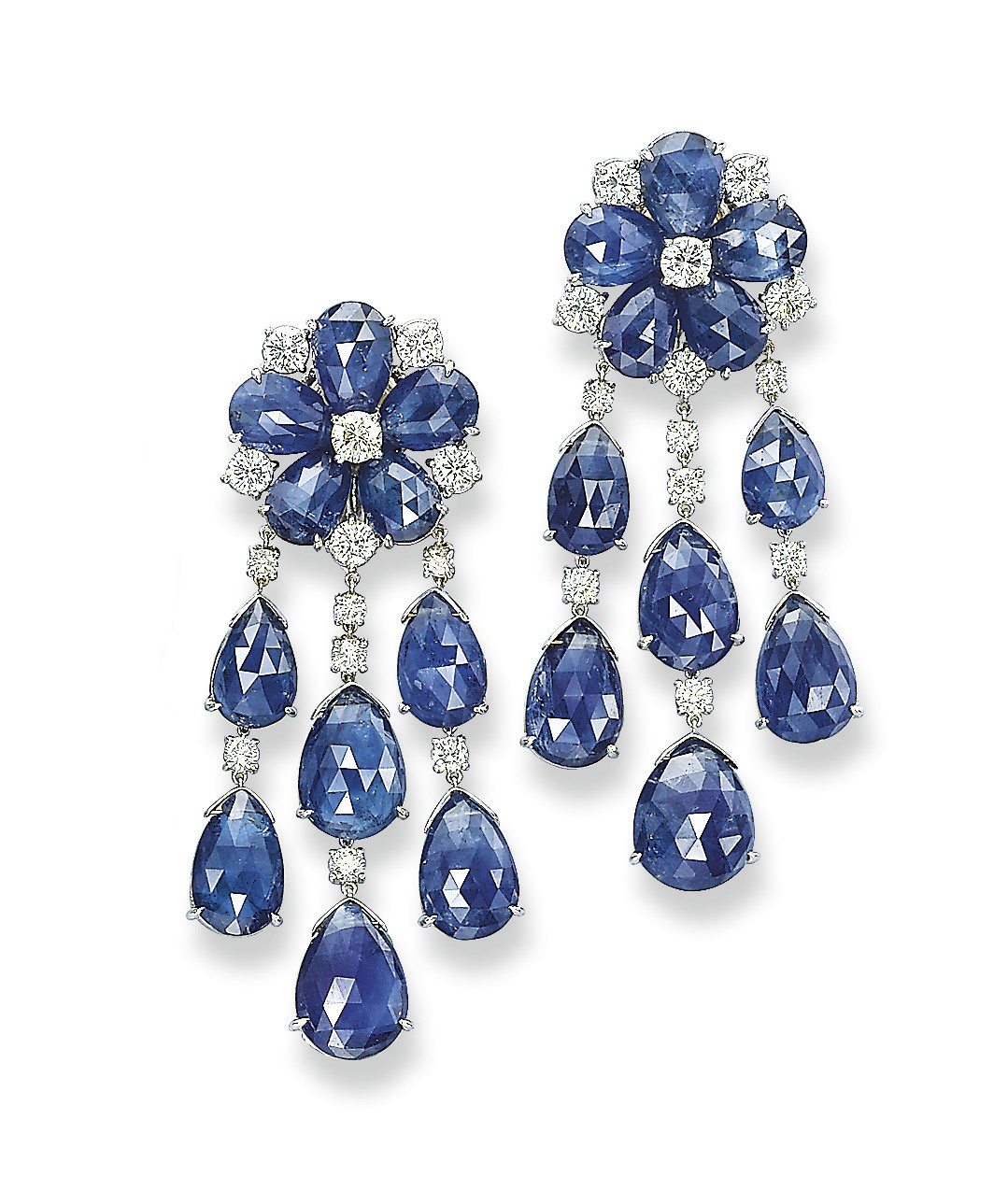 A PAIR OF SAPPHIRE AND DIAMOND EAR PENDANTS