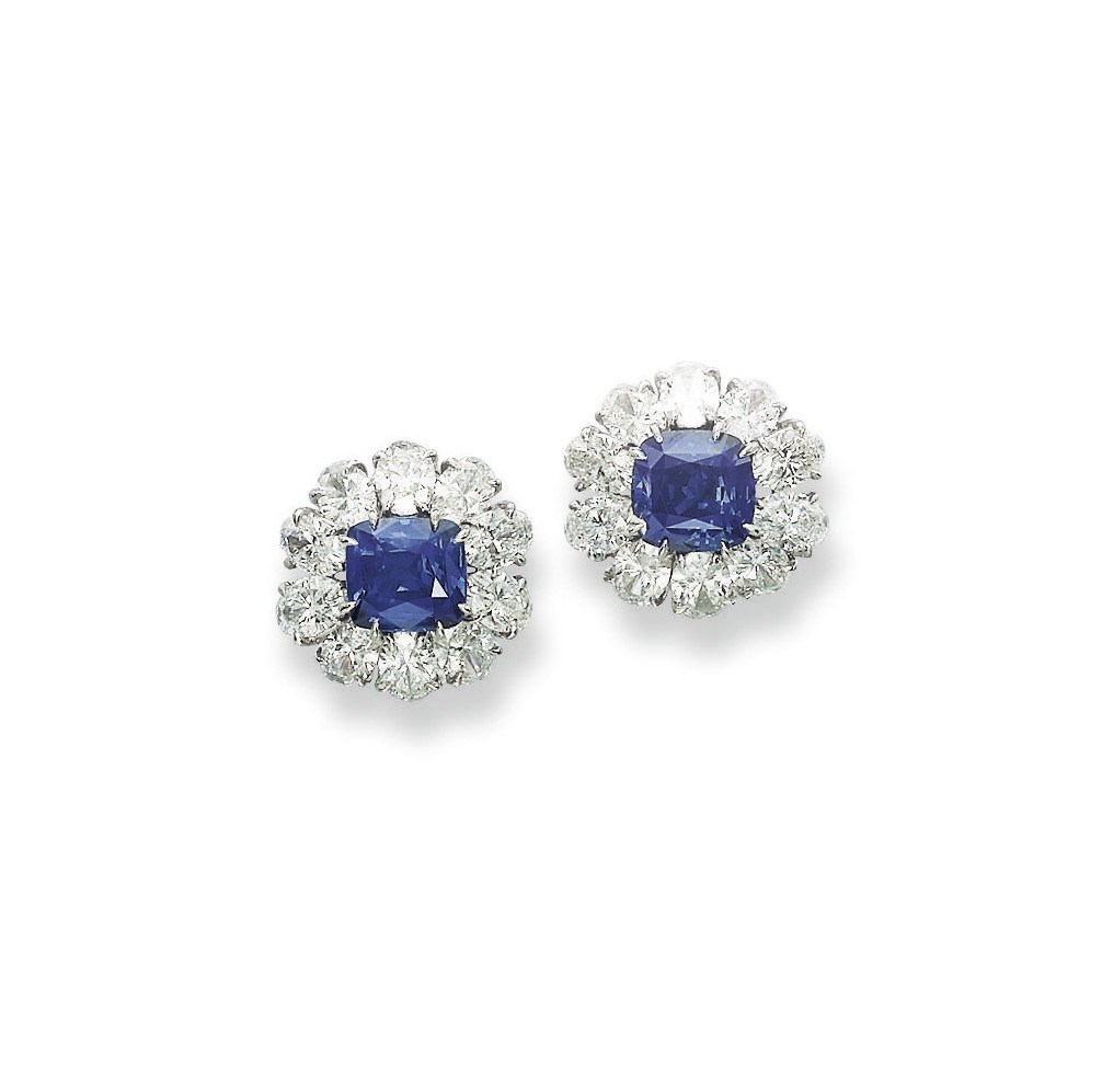 A PAIR OF SAPPHIRE AND DIAMOND EAR CLIPS, BY HARRY WINSTON