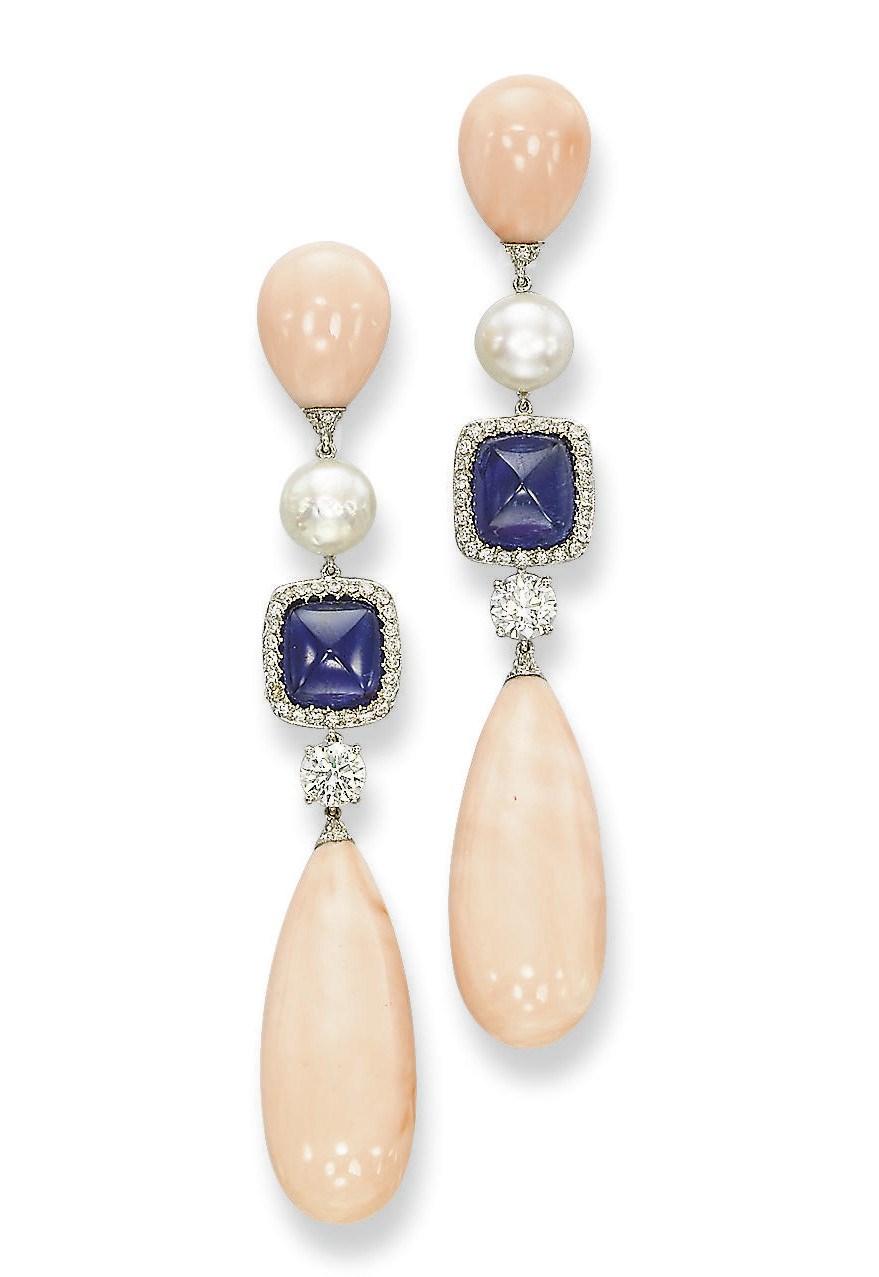 **A PAIR OF CORAL, SAPPHIRE, NATURAL PEARL AND DIAMOND EAR PENDANTS, BY MICHELE DELLA VALLE