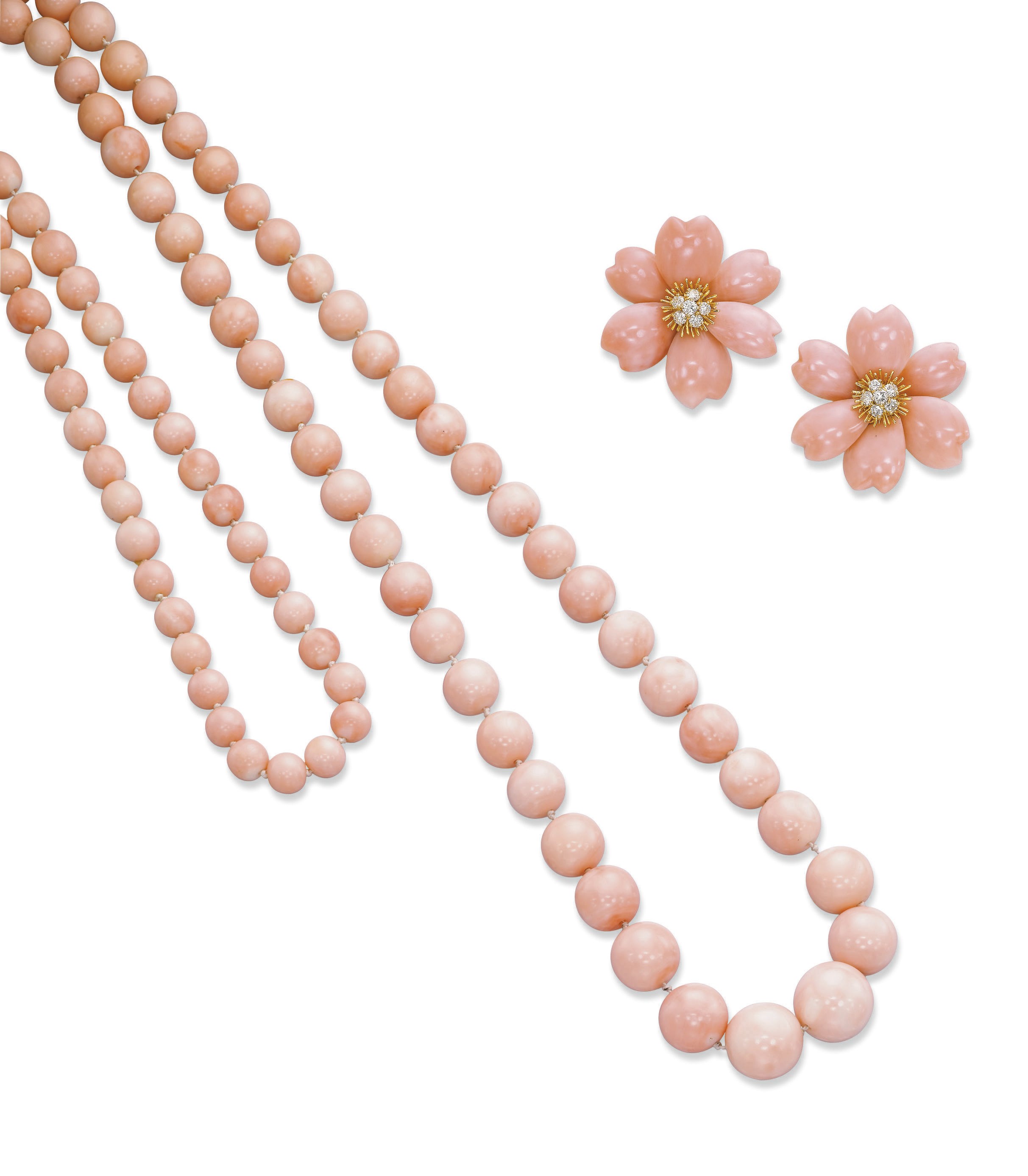 **A PAIR OF CORAL AND DIAMOND 'ROSE DE NOËL' EAR CLIPS, BY VAN CLEEF & ARPELS