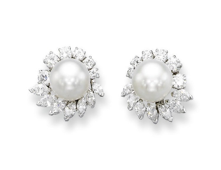 A PAIR OF CULTURED PEARL AND DIAMOND EAR CLIPS