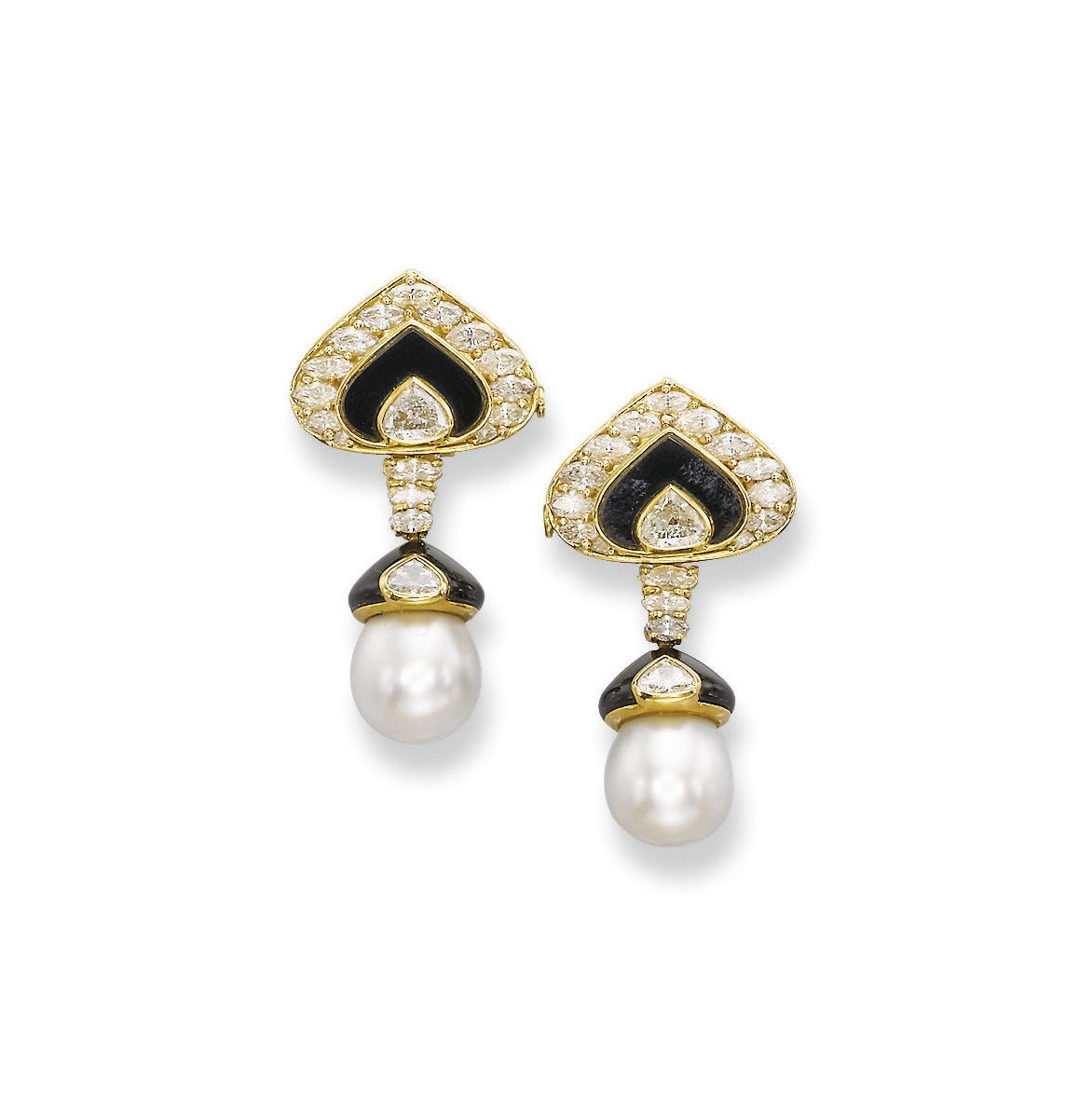 A PAIR OF CULTURED PEARL, ONYX AND DIAMOND EAR PENDANTS, BY MARINA B.