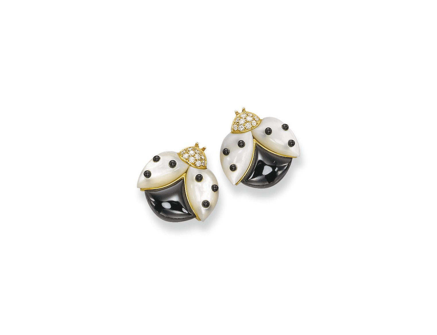 **A PAIR OF MOTHER-OF-PEARL, ONYX AND DIAMOND EAR CLIPS, BY DE GRISOGONO