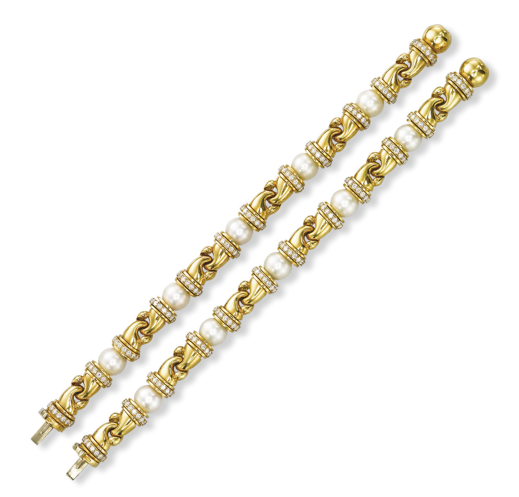 A PAIR OF CULTURED PEARL AND DIAMOND 'GANCIO' BRACELETS, BY BULGARI