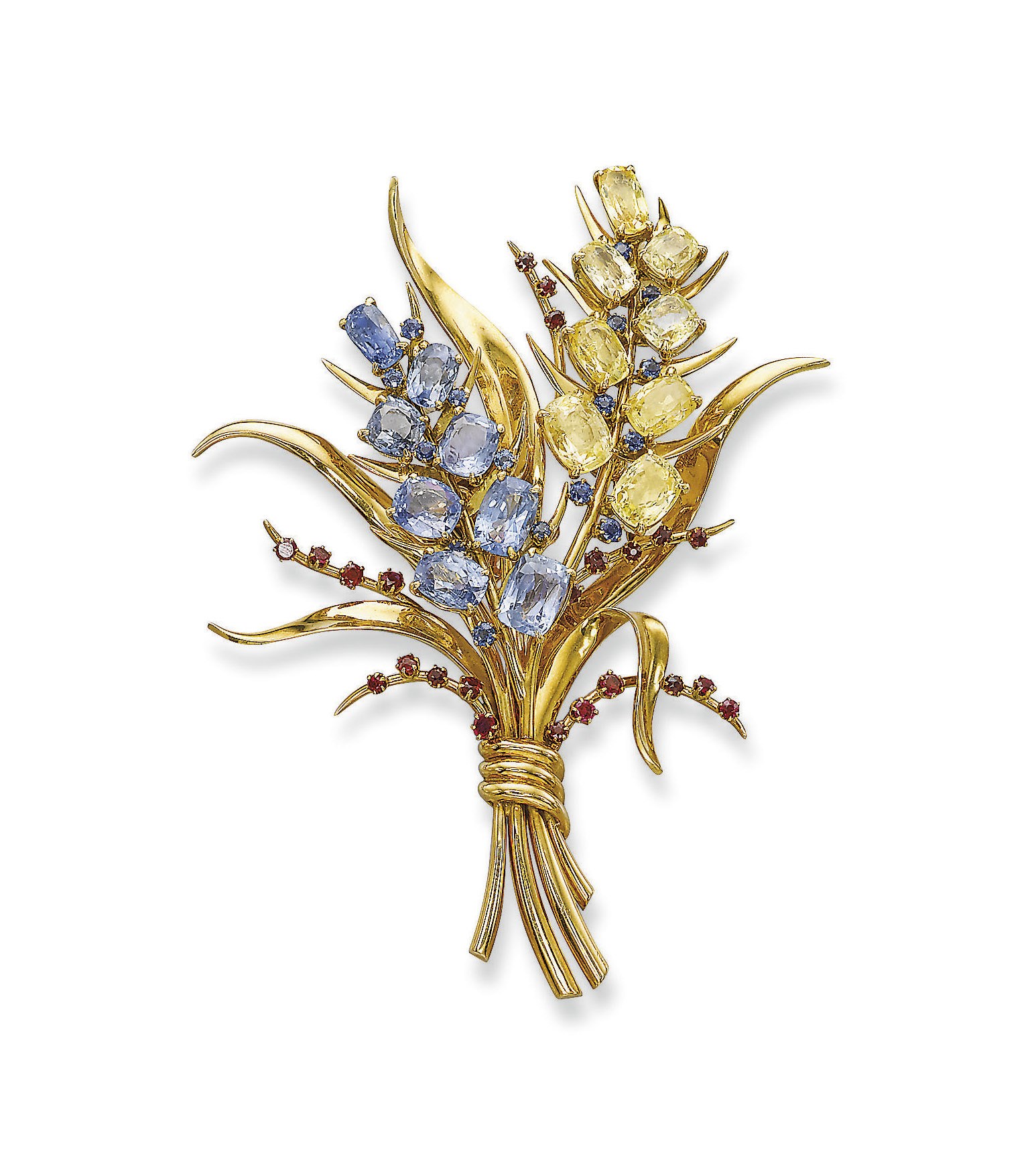 A SAPPHIRE, YELLOW SAPPHIRE AND RUBY 'BOUQUET' CLIP BROOCH, BY VAN CLEEF AND ARPELS