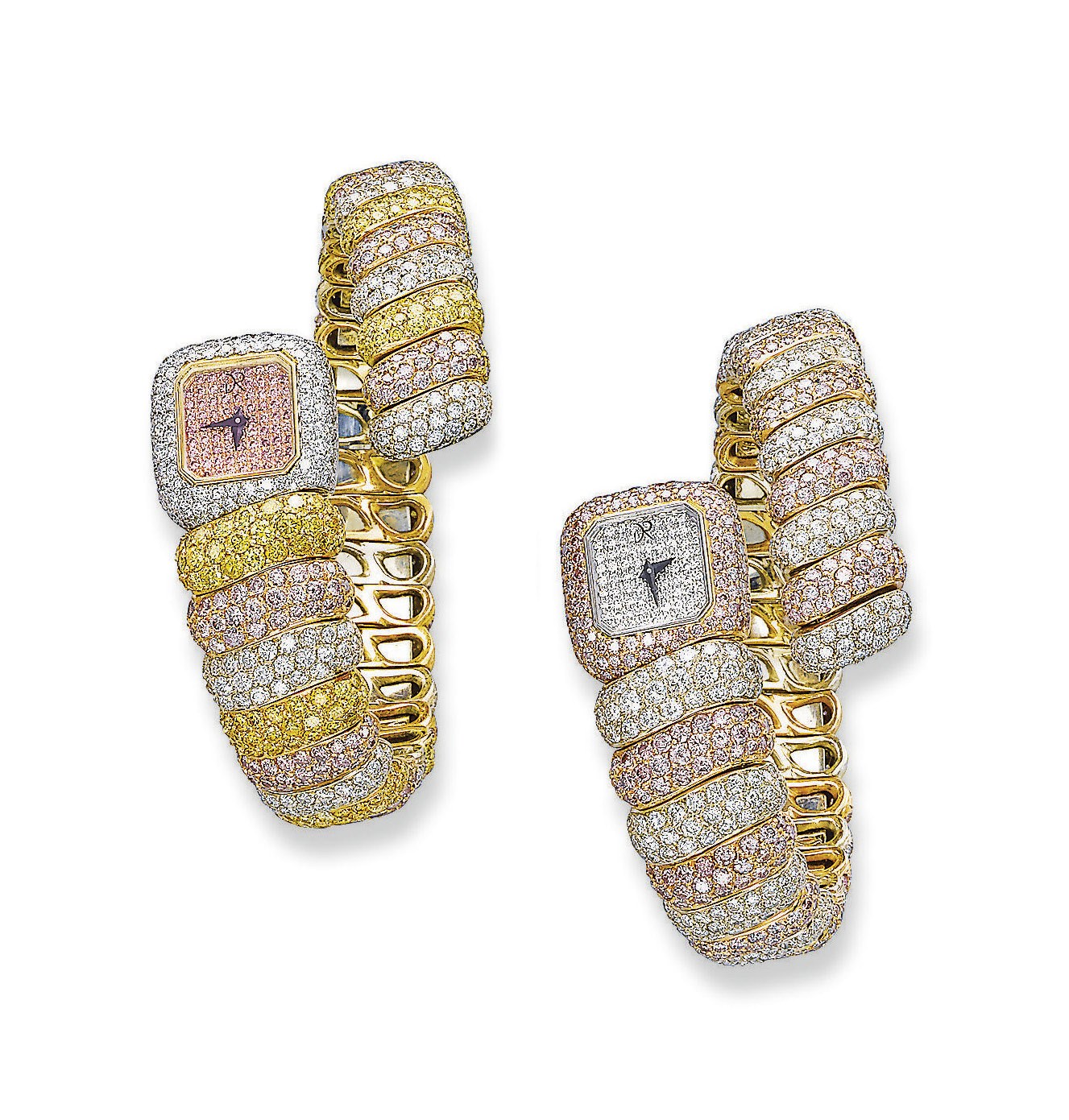 A PAIR OF STYLISH COLOURED DIAMOND AND DIAMOND BANGLE WATCHES, BY DANIEL ROTH