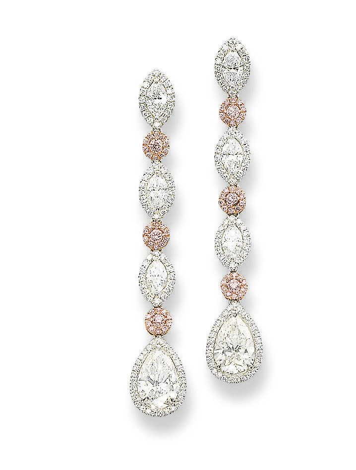 A PAIR OF COLOURED DIAMOND AND DIAMOND EAR PENDANTS