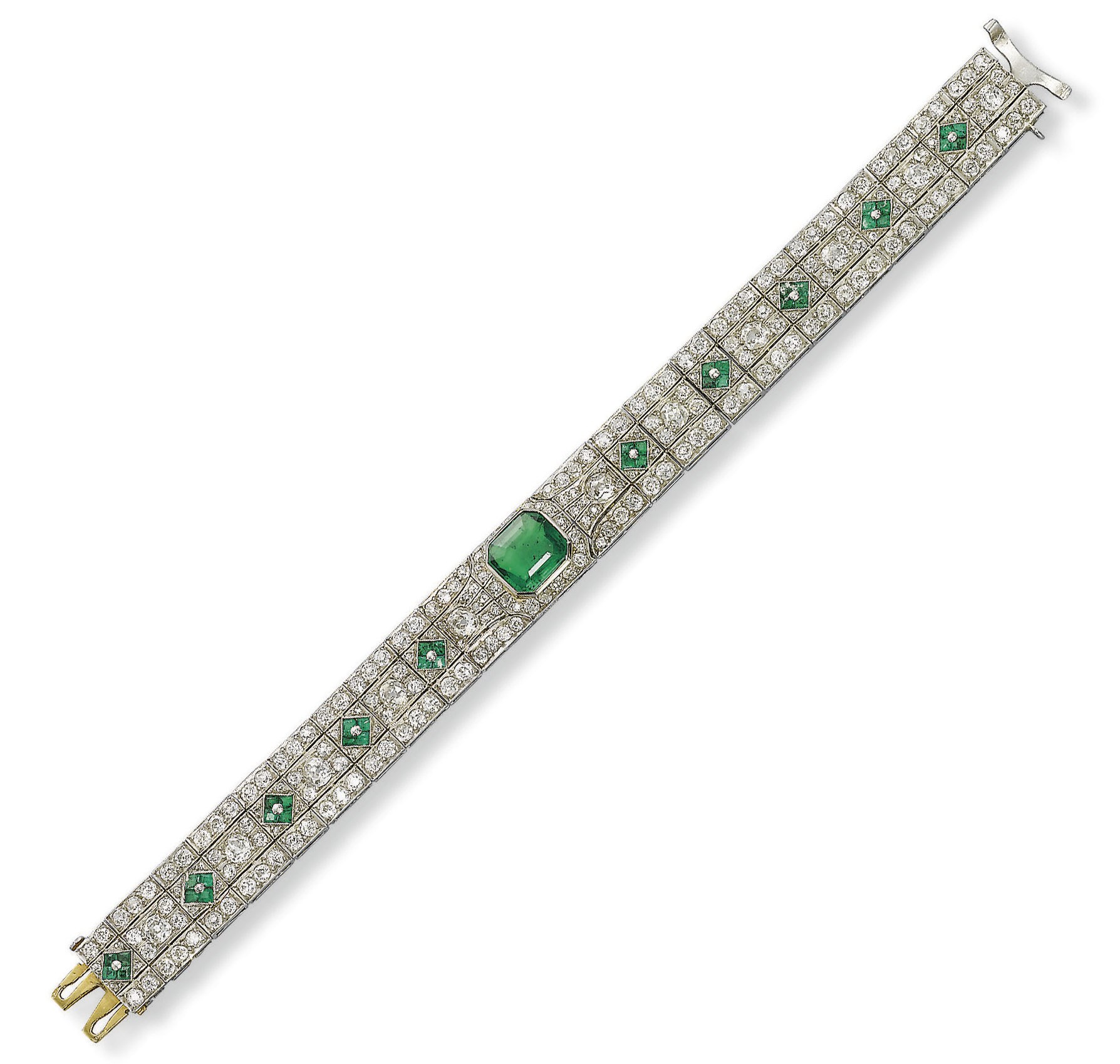 AN ART DECO EMERALD AND DIAMOND BRACELET