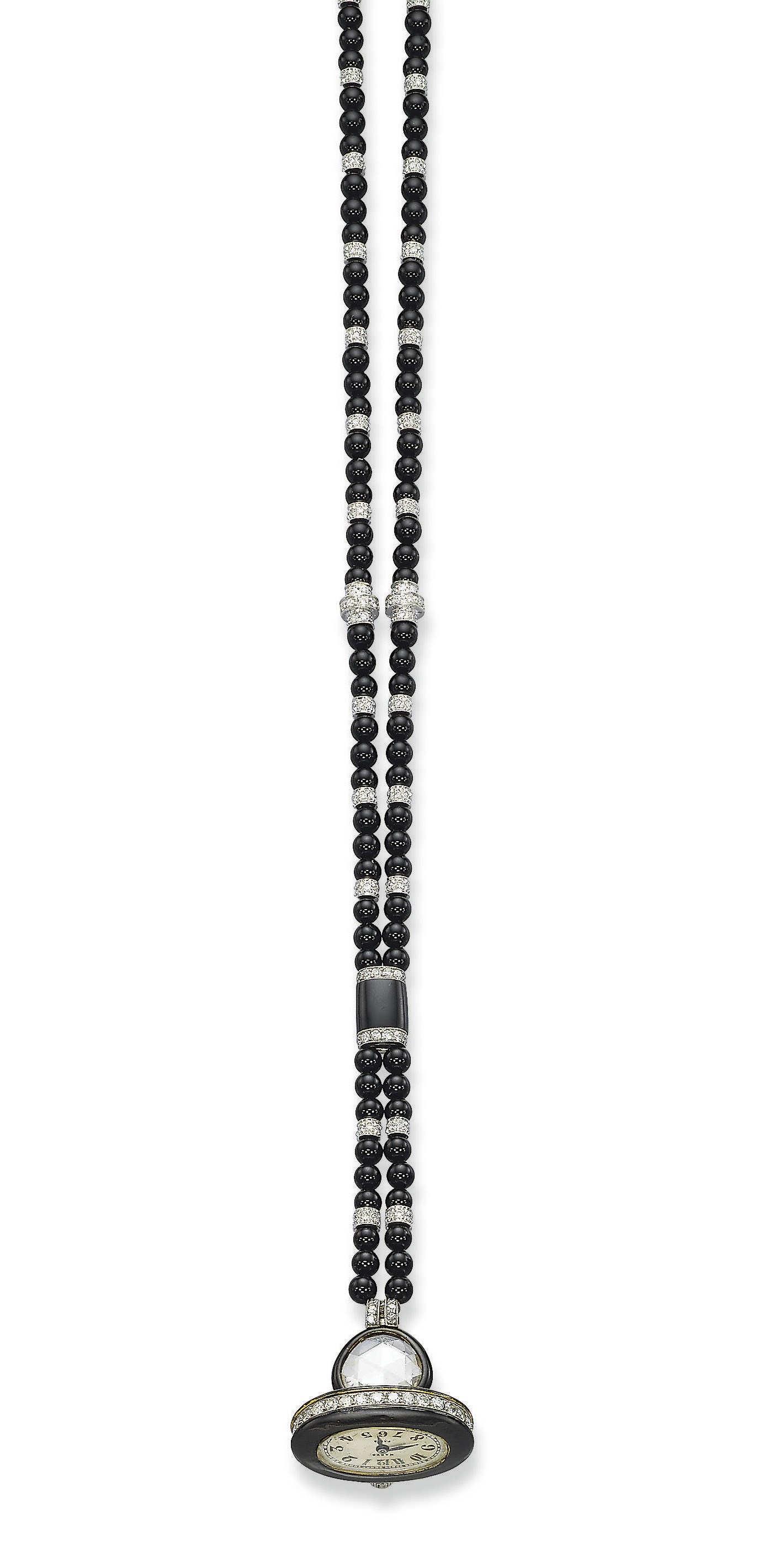 AN ART DECO ENAMEL AND DIAMOND LAPEL WATCH