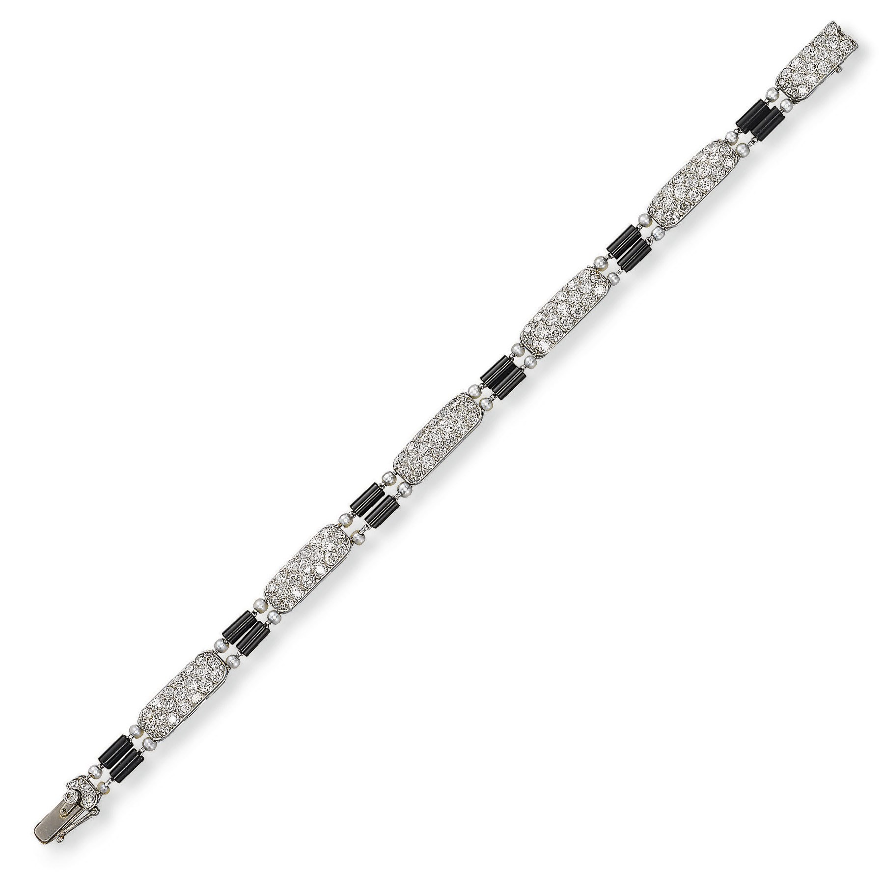 AN ART DECO ONYX, DIAMOND AND SEED PEARL BRACELET, BY CARTIER
