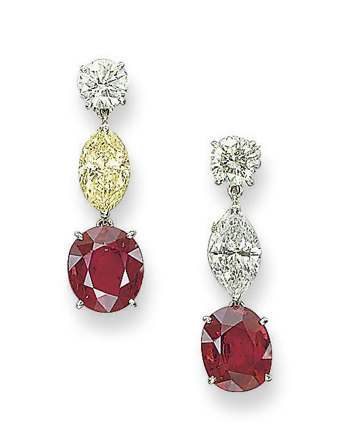 A PAIR OF RUBY, COLOURED DIAMOND AND DIAMOND EAR PENDANTS