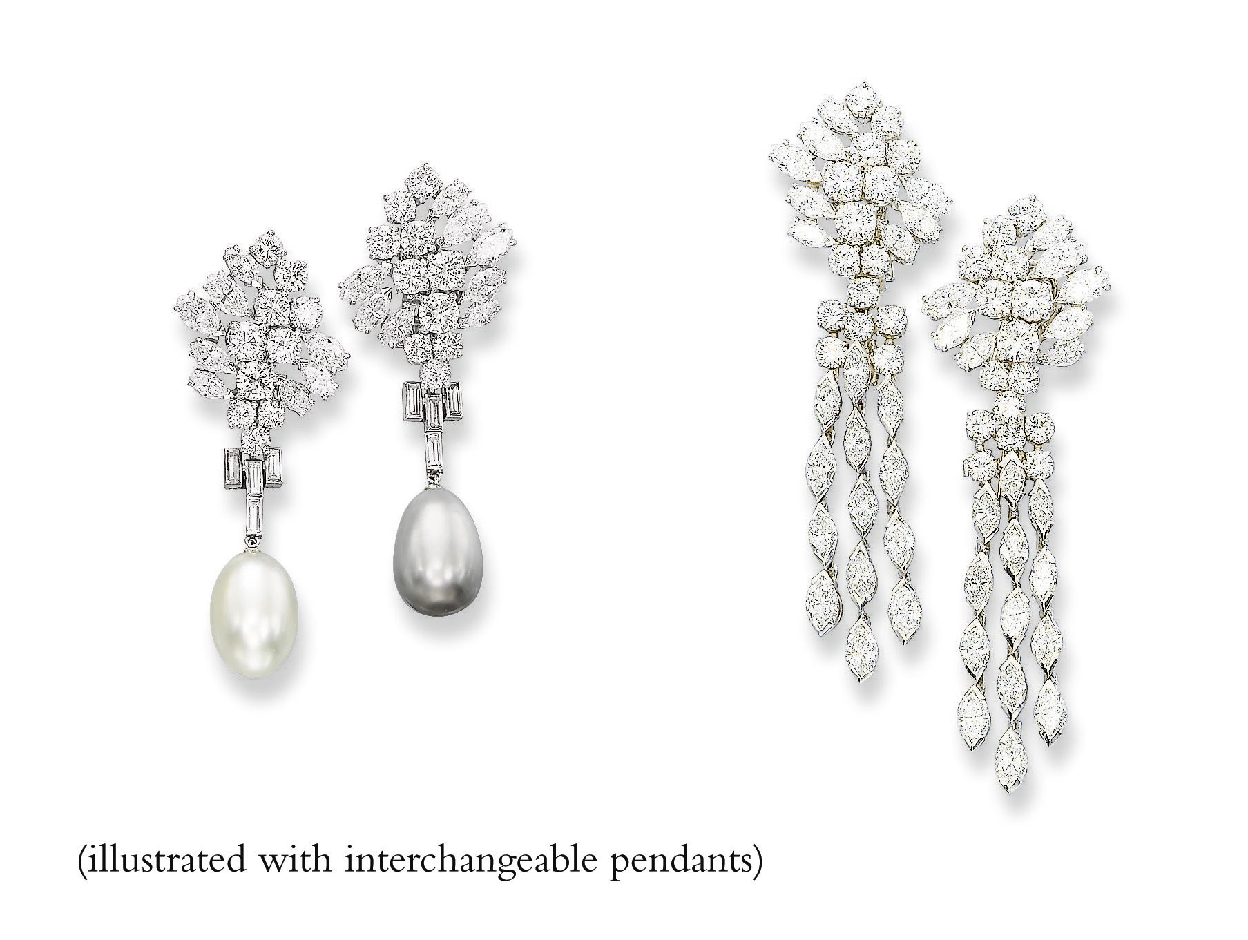 A PAIR OF ELEGANT NATURAL PEARL AND DIAMOND EAR PENDANTS