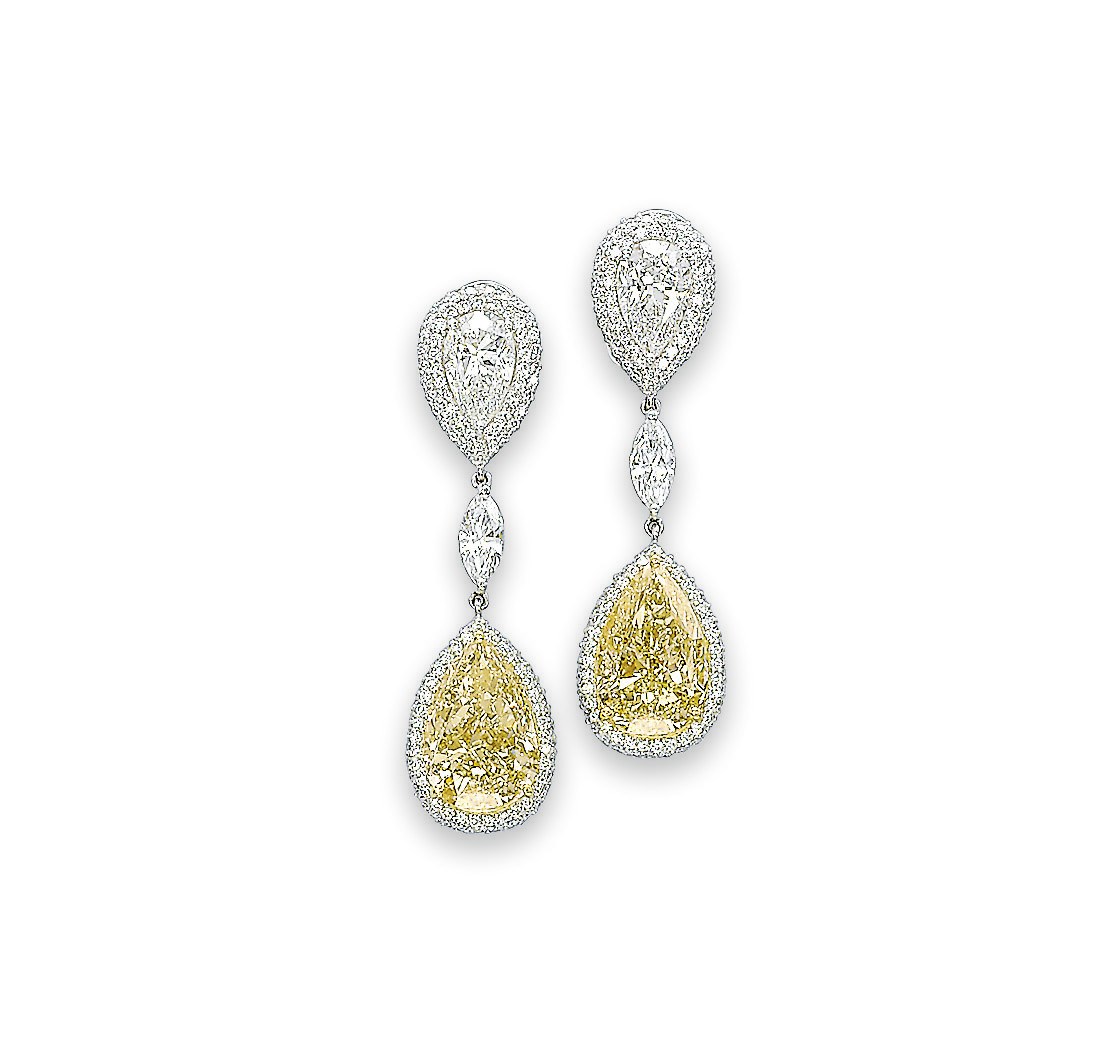 A PAIR OF YELLOW DIAMOND AND DIAMOND EAR PENDANTS