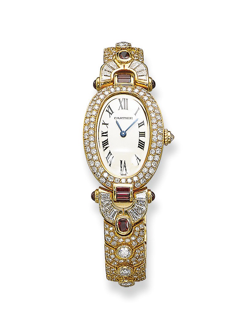 A LADY'S GOLD, RUBY AND DIAMOND 'BAIGNOIRE' WRISTWATCH, BY CARTIER