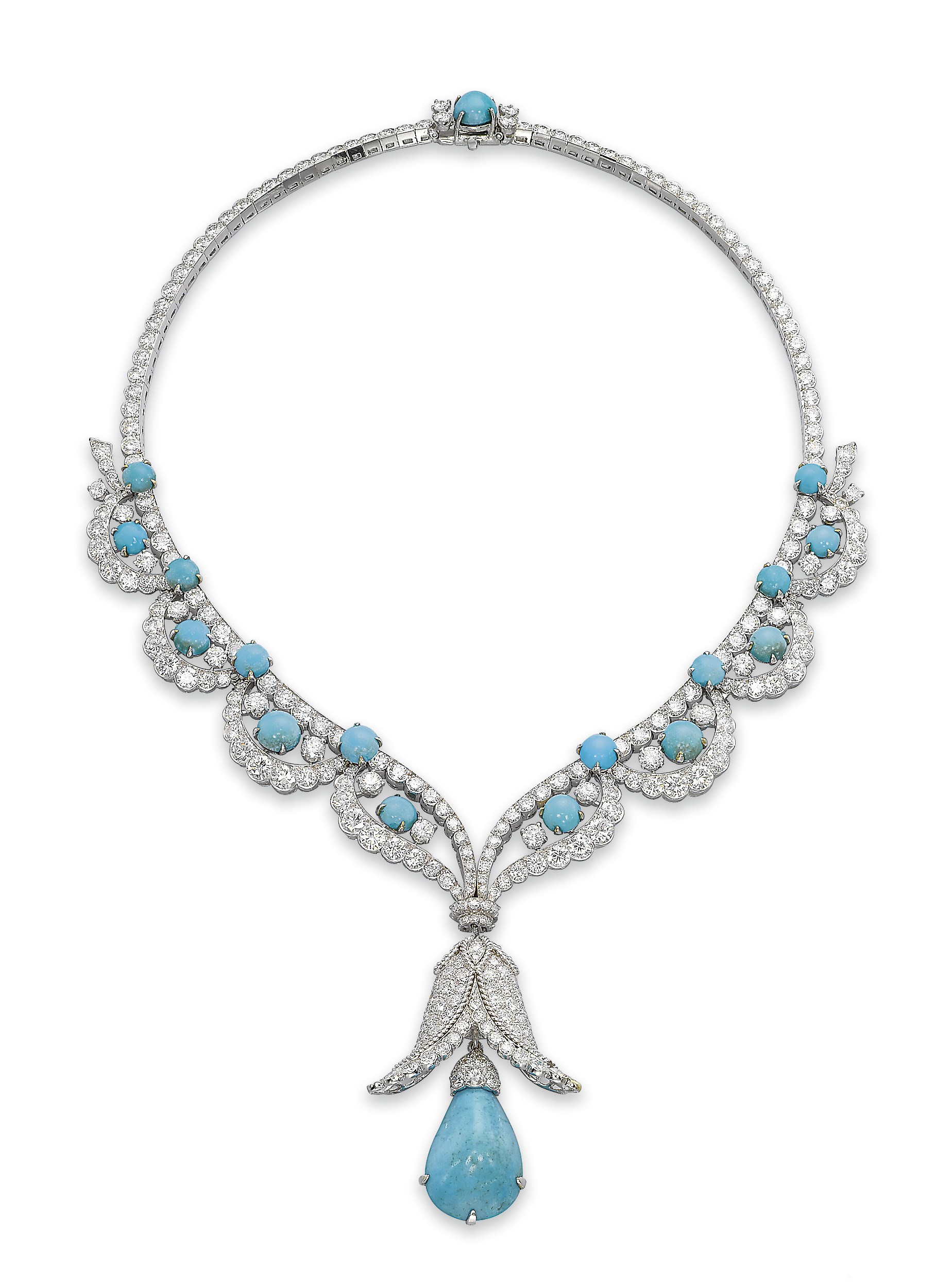 A CHARMING TURQUOISE AND DIAMOND NECKLACE, BY VAN CLEEF & ARPELS