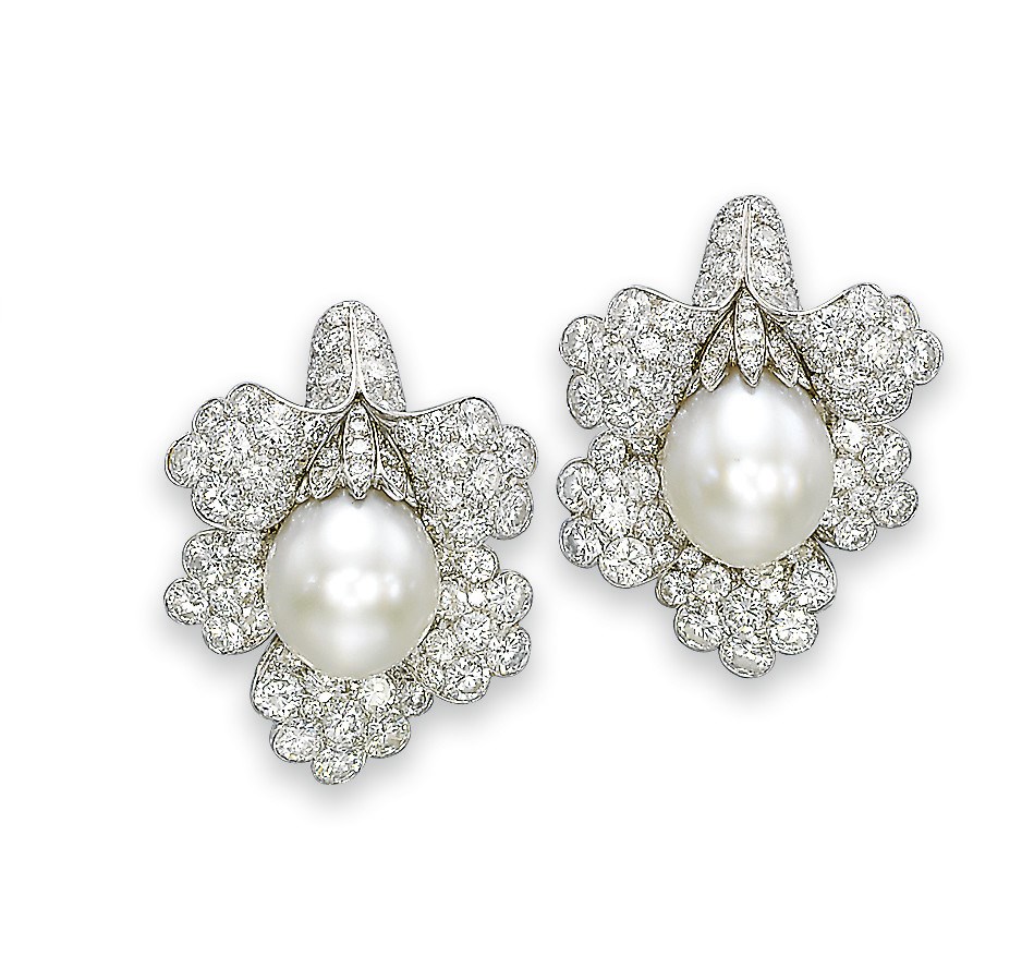 A PAIR OF CULTURED PEARL AND DIAMOND EAR CLIPS, BY VAN CLEEF & ARPELS