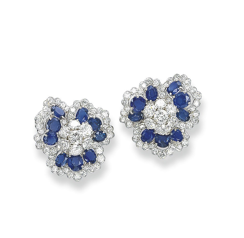 A PAIR OF SAPPHIRE AND DIAMOND EAR CLIPS, BY VAN CLEEF & ARPELS