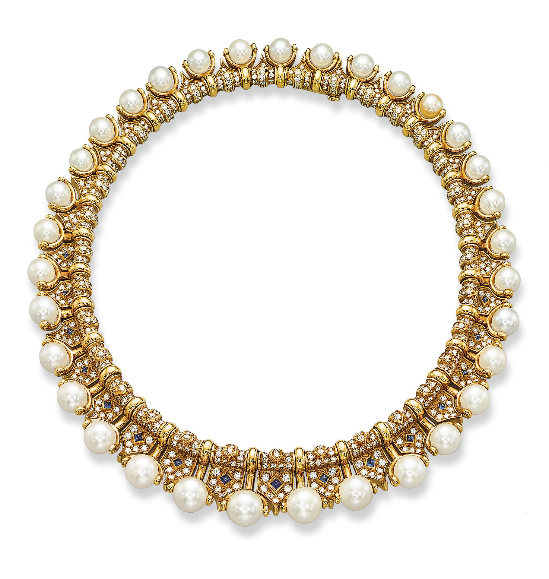A CULTURED PEARL, DIAMOND AND SAPPHIRE NECKLACE, BY BULGARI