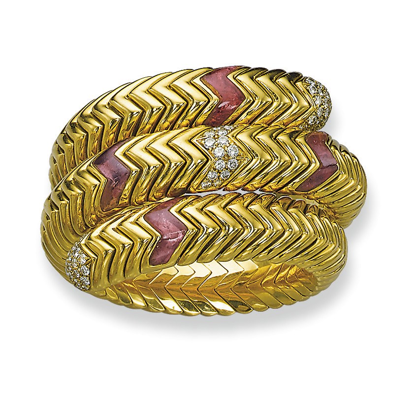 A GOLD, TOURMALINE AND DIAMOND 'SPIGA' BRACELET, BY BULGARI
