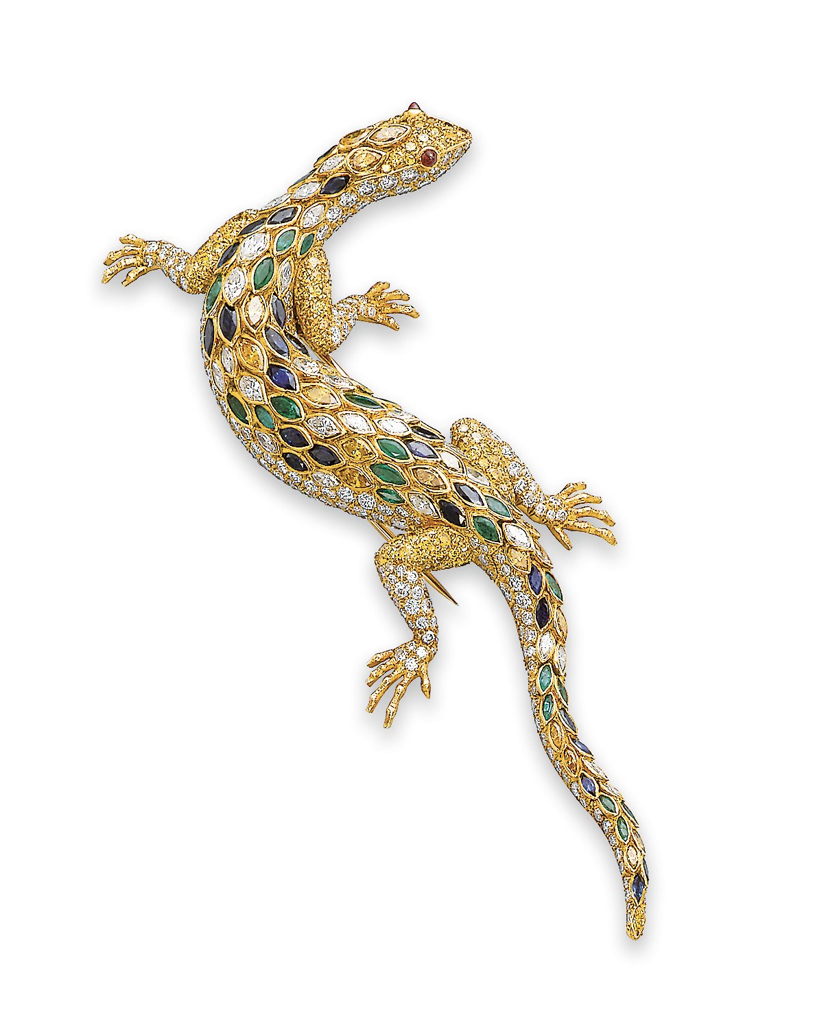 A WHIMSICAL MULTI-GEM, COLOURED DIAMOND AND DIAMOND LIZARD BROOCH, BY CARTIER