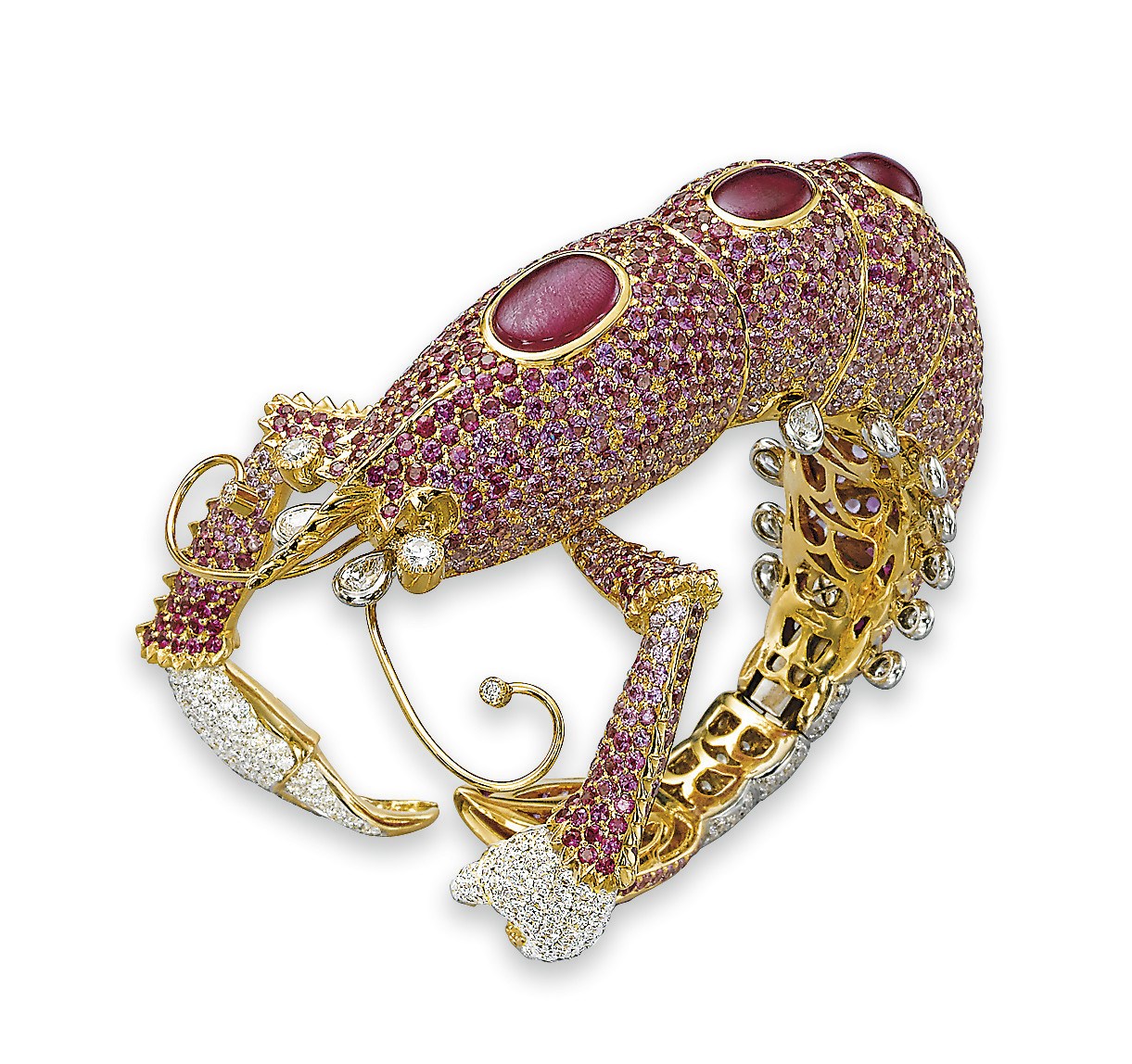 A STYLISH RUBY, PINK SAPPHIRE AND DIAMOND CRAYFISH BRACELET, BY AGGRAVI