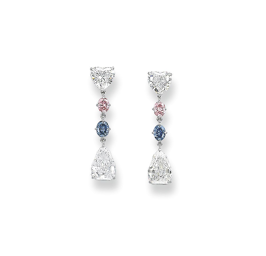 A PAIR OF COLOURED DIAMOND AND DIAMOND EAR PENDANTS
