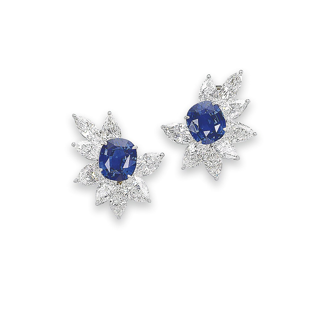 A PAIR OF SAPPHIRE AND DIAMOND EAR CLIPS
