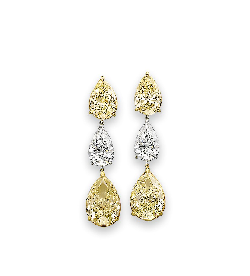 A PAIR OF COLOURED DIAMOND AND DIAMOND EAR PENDANTS
