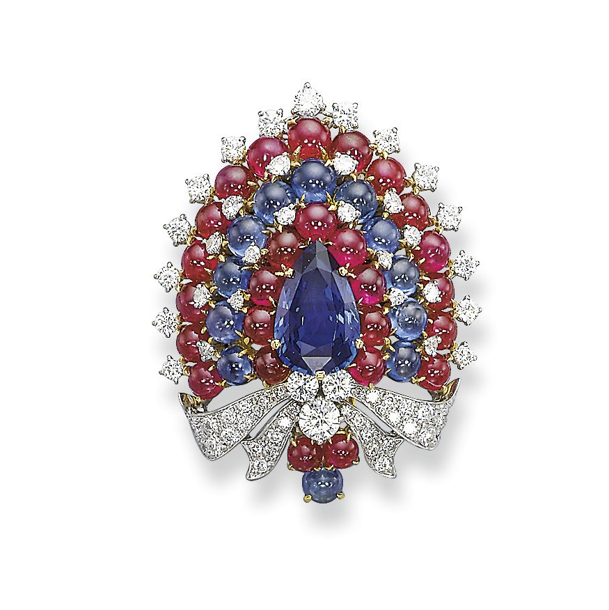 A SAPPHIRE, RUBY AND DIAMOND BROOCH, BY BULGARI