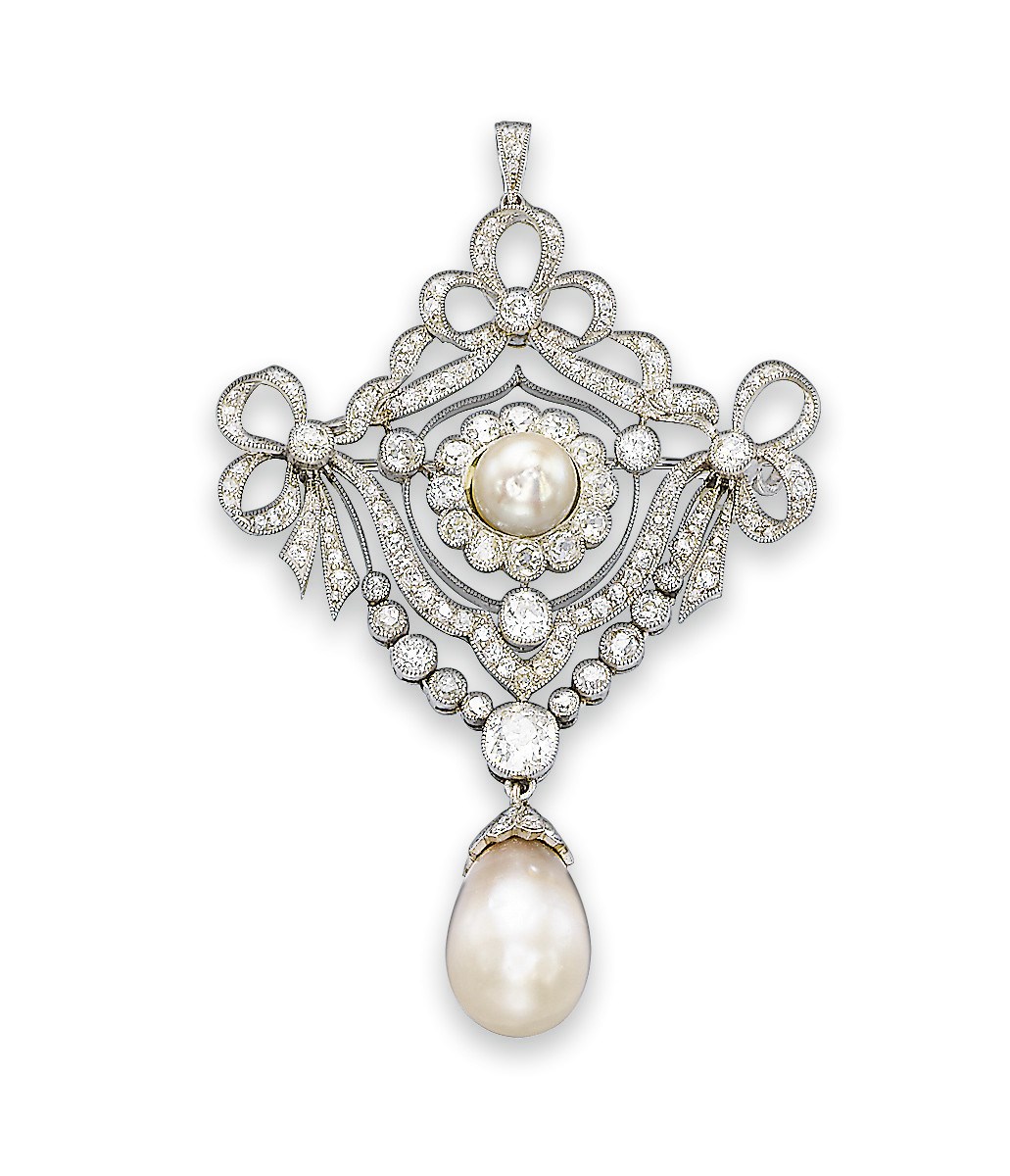 A BELLE EPOQUE PEARL AND DIAMOND BROOCH