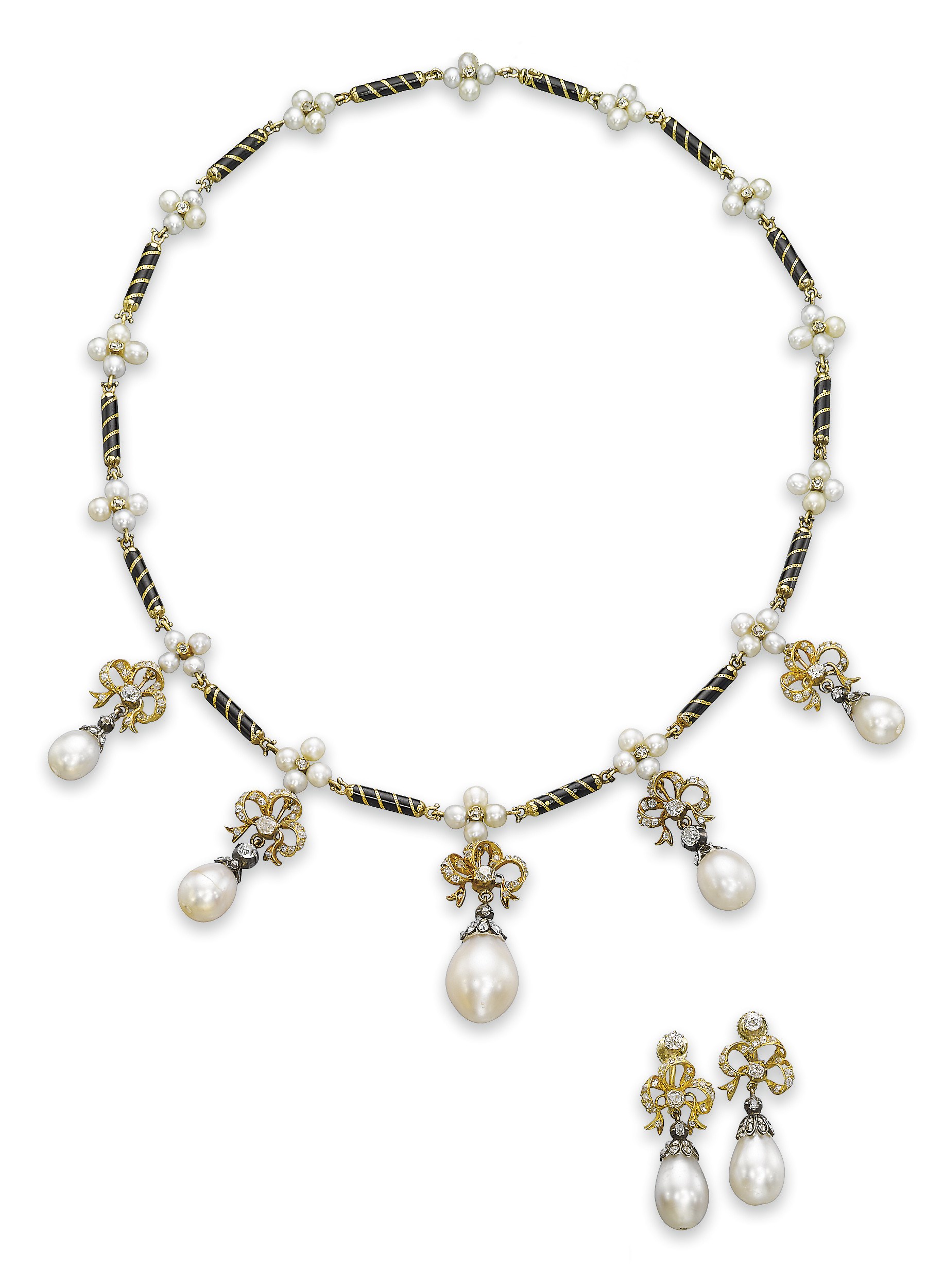 A SET OF ANTIQUE NATURAL PEARL AND DIAMOND JEWELLERY
