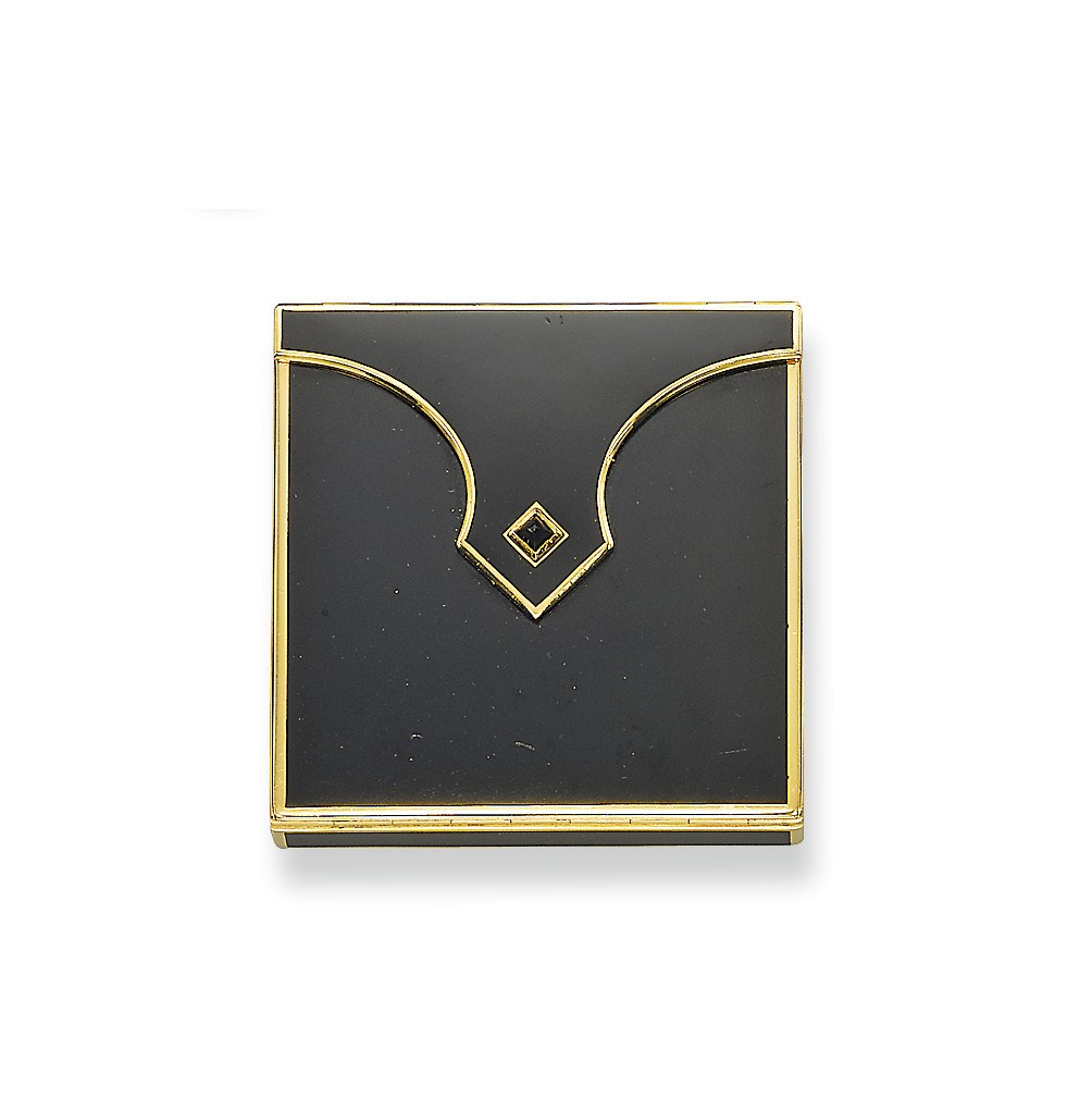 AN ART DECO BLACK LACQUER AND GOLD POWDER COMPACT, BY JANESICH