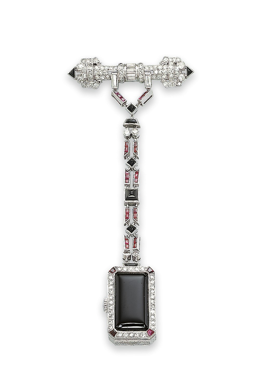 AN ART DECO ONYX, RUBY AND DIAMOND LAPEL WATCH, BY LACLOCHE FRÈRES