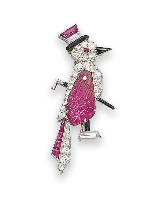 A WHIMSICAL ART DECO RUBY, ONYX AND DIAMOND BROOCH, PROBABLY UDALL & BALLOU