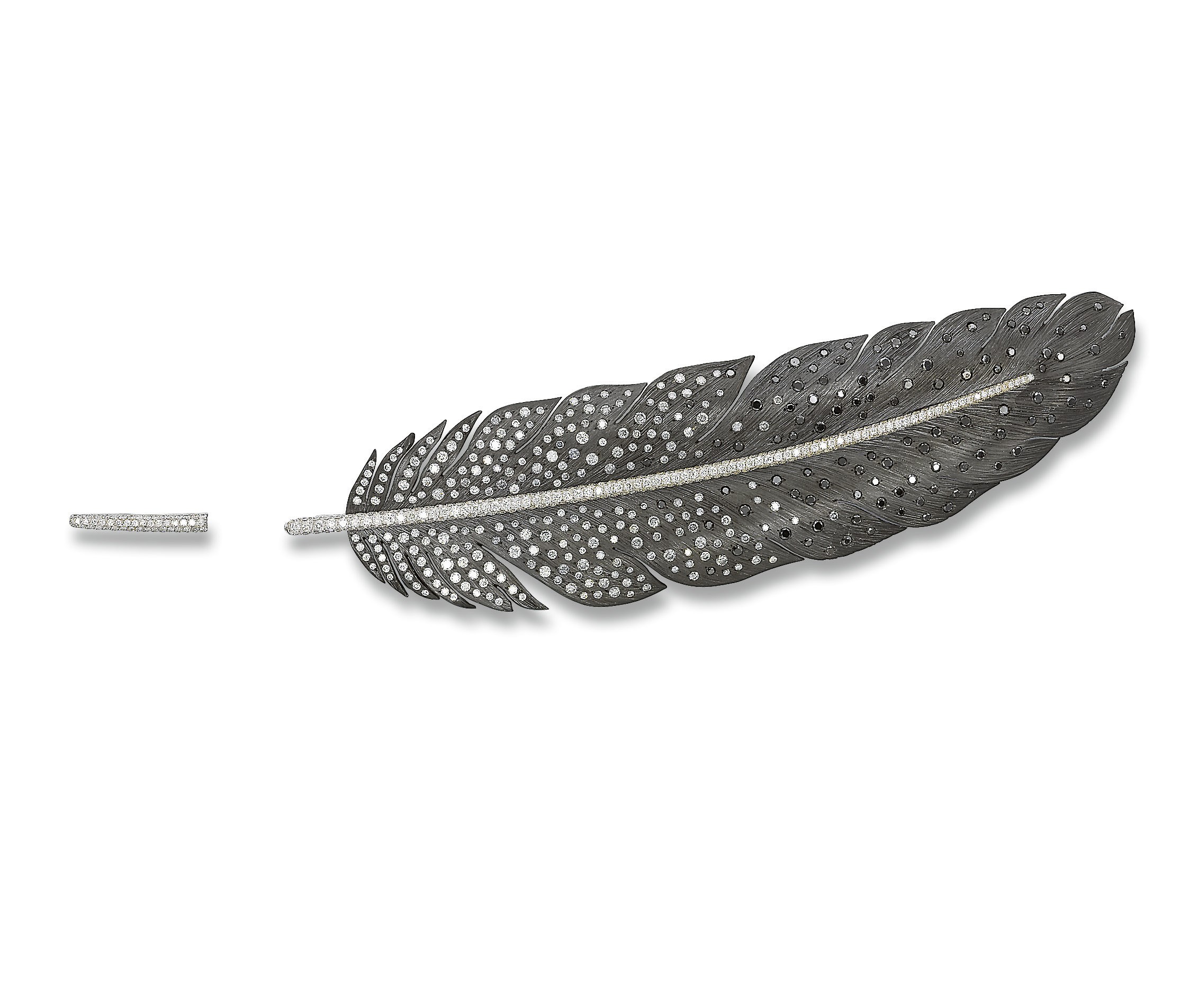 AN ELEGANT TITANIUM, COLOURED DIAMOND AND DIAMOND FEATHER BROOCH, BY MICHELE DELLA VALLE