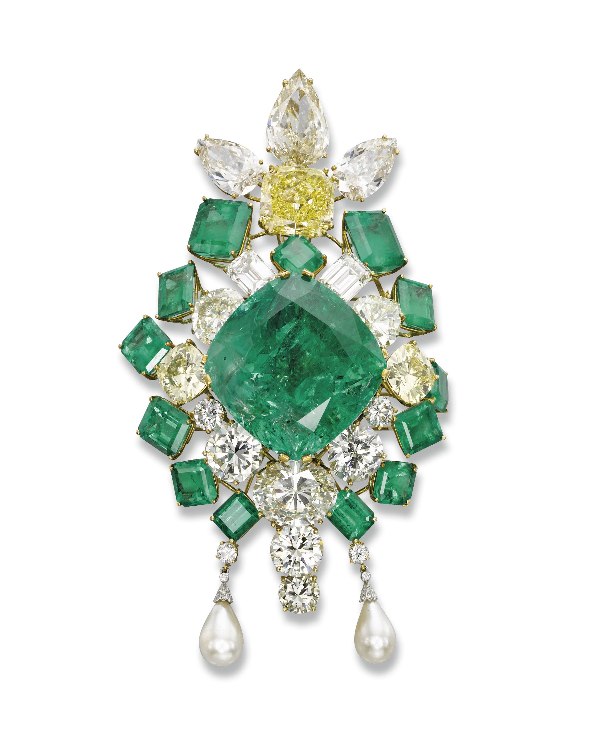 A SPECTACULAR EMERALD, COLOURED DIAMOND, DIAMOND AND PEARL PENDENT BROOCH