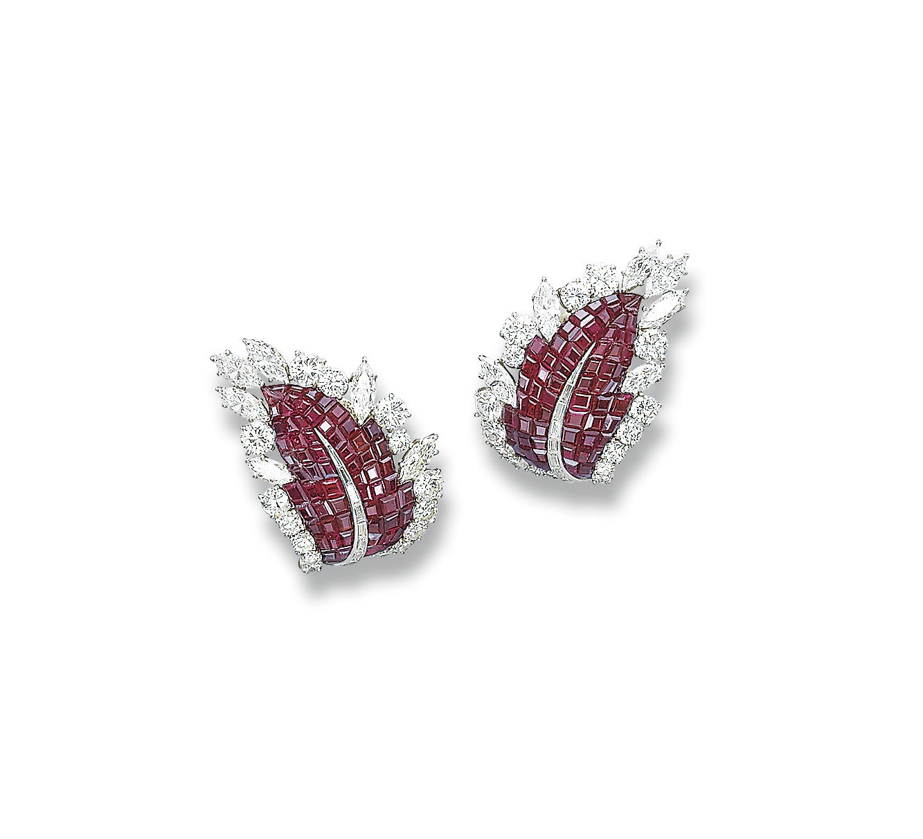A PAIR OF 'MYSTERY-SET' RUBY AND DIAMOND EAR CLIPS, BY VAN CLEEF & ARPELS