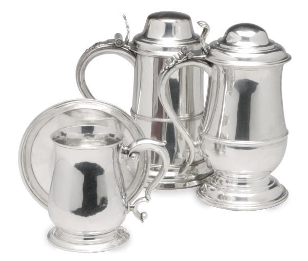 A GEORGE II SILVER TANKARD, A GEORGE III WINE COASTER, AND TWO SILVER-PLATED TANKARDS WITH HINGED COVERS,