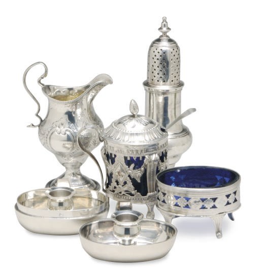 AN IRISH SILVER WINE FUNNEL, A PAIR OF GEORGE III SILVER SALT CELLARS WITH GLASS LINERS AND A PAIR OF CASTERS,