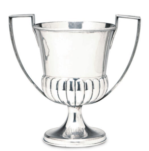A GEORGIAN SHEFFIELD-PLATE WINE COOLER AND COVER, A LOVING CUP, AND A A SILVER-PLATED TWO-HANDLED TRAY,