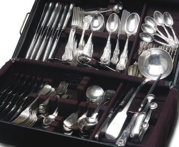 AN IRISH SILVER SOUP LADLE AND AN ASSEMBLED ENGLISH AND AMERICAN SILVER PART FLATWARE SERVICE,