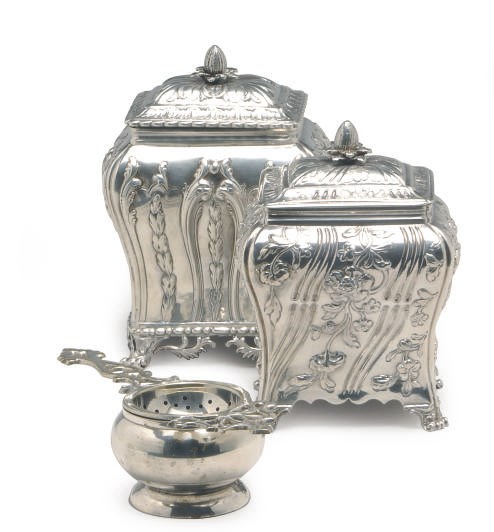 TWO GEORGE III SILVER TEA CADDIES AND COVERS,